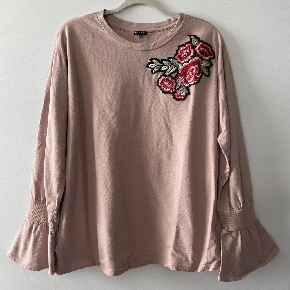 Hannah Knit Top Floral Embroidered Bell Sleeve Pink Women Size XL-dmpv